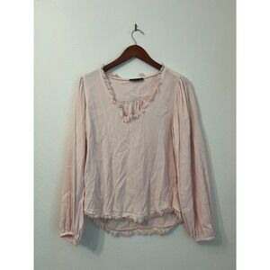 Maven West Pink Long Sleeve Fringed Hem V Neck‎ Blouse Top
